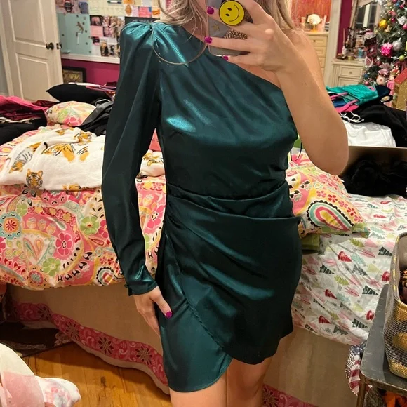 These Three Boutique Green Satin Dress | One shoulder satin dress - Picture 3 of 10